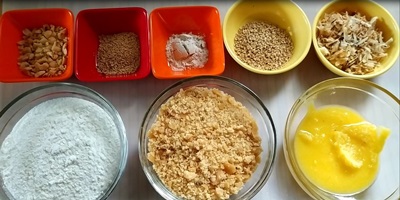 rice flour, jaggery, ghee, peanuts, coconut, cardamom