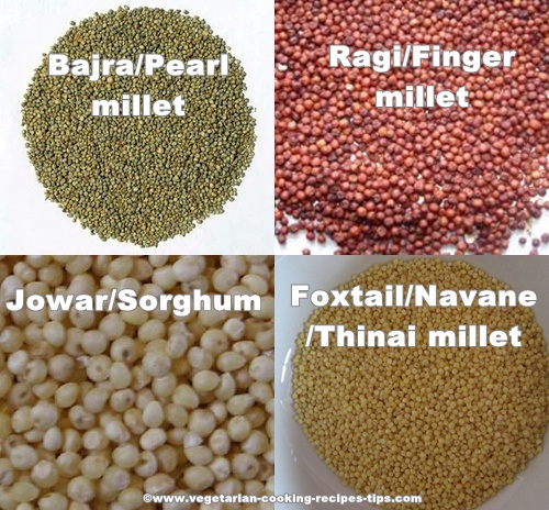 Find here Types of millet, millet nutrition info which includes health giving grains such as sorghum or jowar, Bajra, Ragi. Also find millet recipes here.
