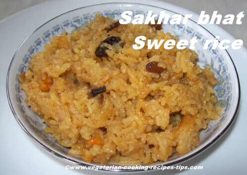 This indian sweet rice recipe is also known as sakhar bhaat, kesari bhat. It is a Maharashtrian rice recipe made for festival and celebration feast.