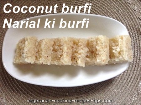 Coconut burfi is an easy to make indian sweet.  It is known as narial barfi, tenga barfi. Serve it as a snack or a dessert.