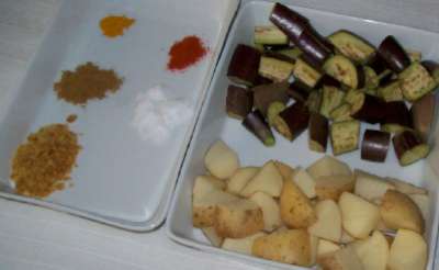 Aloo baingan - Eggplant potato subji ingredients