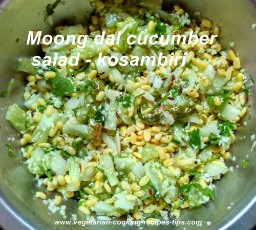 Moong dal kosambari lentil salad recipe is a Ramanavami and navaratri festival recipe. This moong dal salad is a no cooking, easy and healthy salad recipe.
