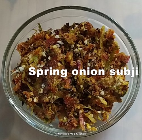 spring onion dry subji recipe, hare pyaj ki sabji, kanda paat bhaji, patichya kandyachi bhaji, कांदा पात भाजी, हरे प्याज की सब्जी 